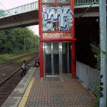 At a railway station in a residential area