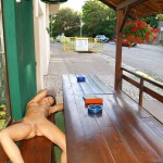 Inside and in font of small bar