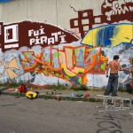 On a street and at a train station