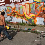 On a street and at a train station