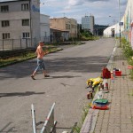On a street and at a train station