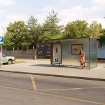 At a bus stop and at a kiosk