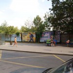 At a bus stop and at a kiosk