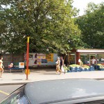 At a bus stop and at a kiosk