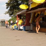 At a bus stop and at a kiosk