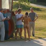 Handing out beers to construction workers