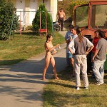 Handing out beers to construction workers