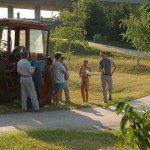 Handing out beers to construction workers