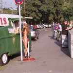 At one end of a railway bridge