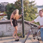 At one end of a railway bridge