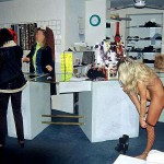 In a clothing store and the shop