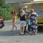 Handing out beer at a construction