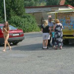 Handing out beer at a construction