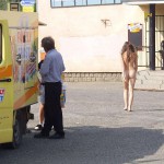 Handing out beer at a construction