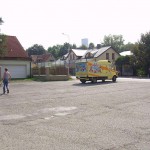 Handing out beer at a construction