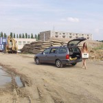 Handing out beer at a construction