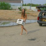 Handing out beer at a construction