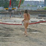 Handing out beer at a construction