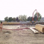 Handing out beer at a construction