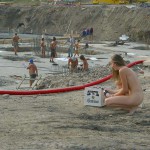 Handing out beer at a construction