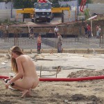 Handing out beer at a construction