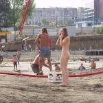 Handing out beer at a construction