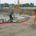 Handing out beer at a construction