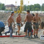 Handing out beer at a construction