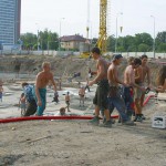 Handing out beer at a construction