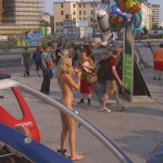 At an open square giving away balloons