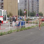 At a parking lot a building center