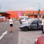 At a parking lot a building center