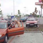 At a parking lot a building center