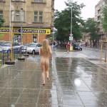 Downtown in the rain inside a wine shop