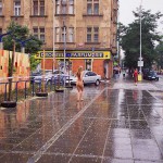 Downtown in the rain inside a wine shop