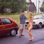 On the street interacting with tourists