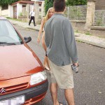 On the street interacting with tourists