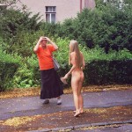 On the street interacting with tourists