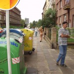 On the street interacting with tourists