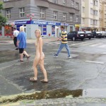 On the street interacting with tourists