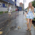 On the street interacting with tourists