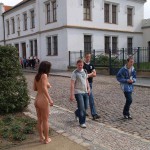 At a castle with many tourists