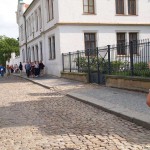 At a castle with many tourists