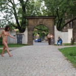 At a castle with many tourists