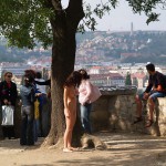 At a castle with many tourists