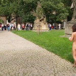 At a castle with many tourists