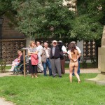 At a castle with many tourists