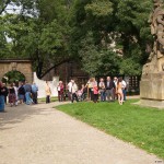 At a castle with many tourists