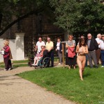 At a castle with many tourists