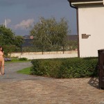 At a castle with many tourists